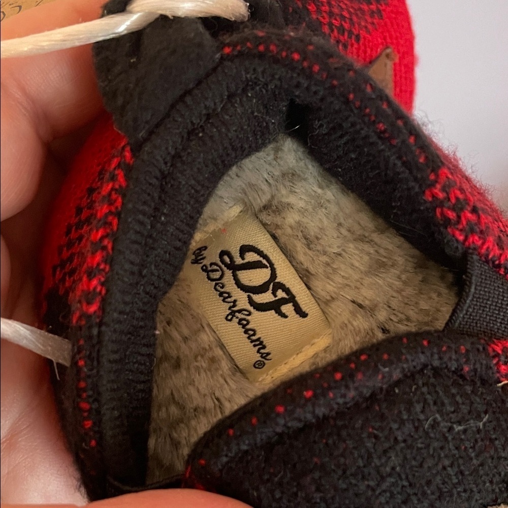 Dearfoams Memory Foam Red Black Buffalo Check Baby Bear Limited Edition Slippers - Picture 8 of 16